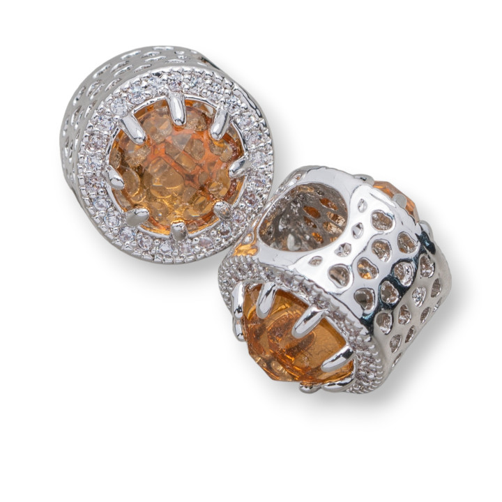 Brass Component Large Hole With Crystals And Rhinestones 11mm 5.5mm Hole 6pcs Rhodium-Plated Yellow Topaz