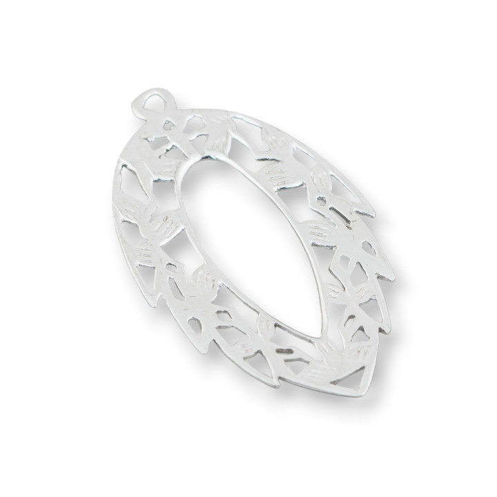 Componente Pendente Di Argento 925 Filigrana Forata Foglia 23x38mm 4pz Rodiato