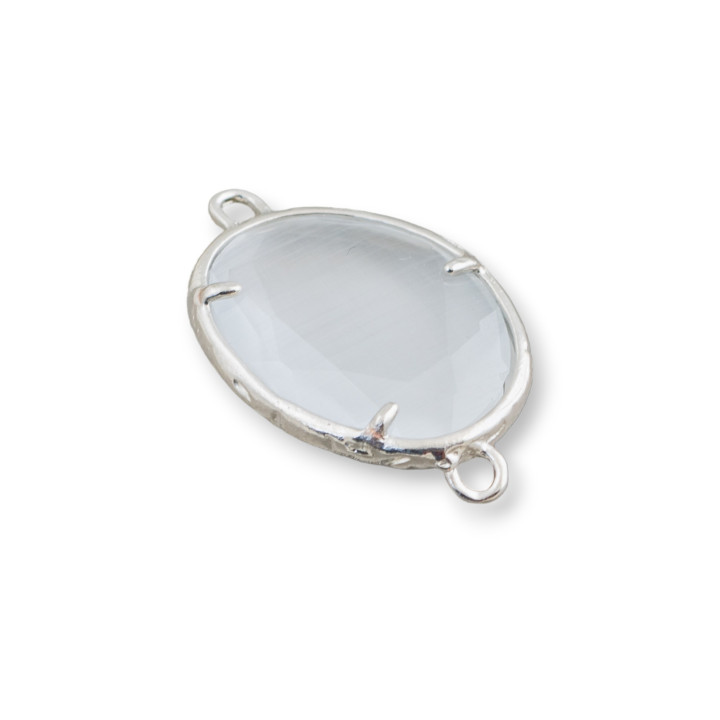 Connettore Componente Di Ottone Con Occhio Di Gatto Incastonati Irregolare 15x20mm 2 Anellini 10pz Rodiato Bianco