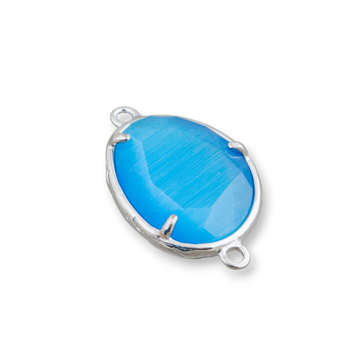 Brass Component Connector With Cat's Eye Embedded Irregular 15x20mm 2 Rings 10pcs Rhodium Plated Light Blue