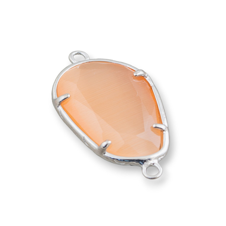 Brass Component Connector With Cat's Eye Embedded Irregular 17x24mm 10pcs Rhodium Plated Peach