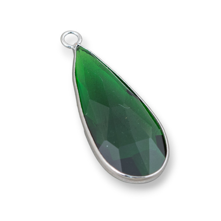 Connettore Componente Incastonato Di Cristalli Goccia 14x35mm Con 1 Anellino 10pz Verde Rodiato