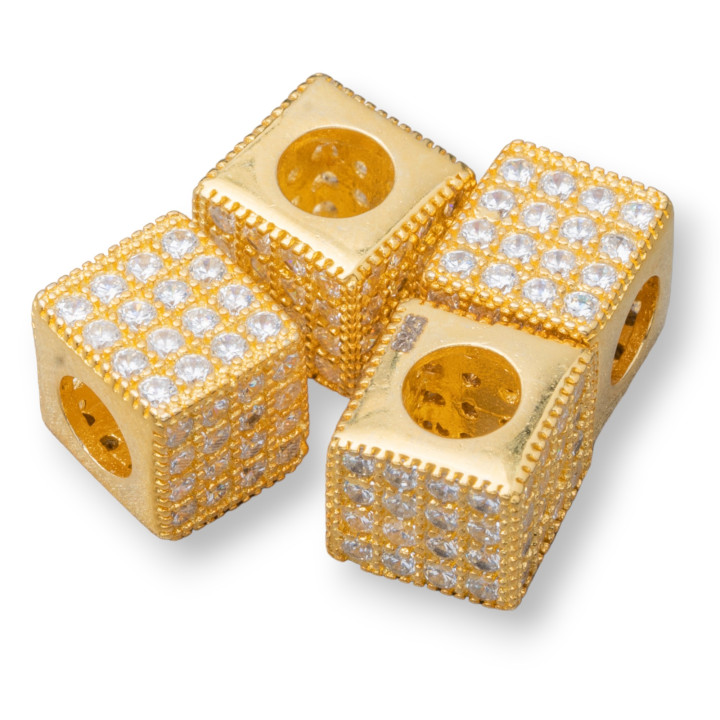 925 Sterling Silver Spacer 7mm Large Trou 3.8mm Cube Doré Avec Zircons Blancs 5pcs