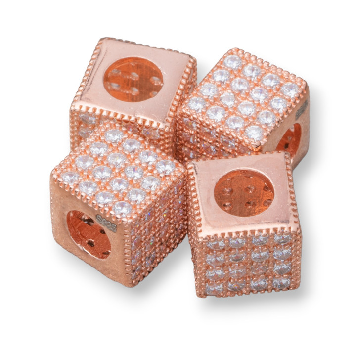 925 Silver Spacer Cube 7mm Ευρεία τρύπα 3,8mm Ροζ χρυσό με Λευκά Ζιργκόν 5τμχ