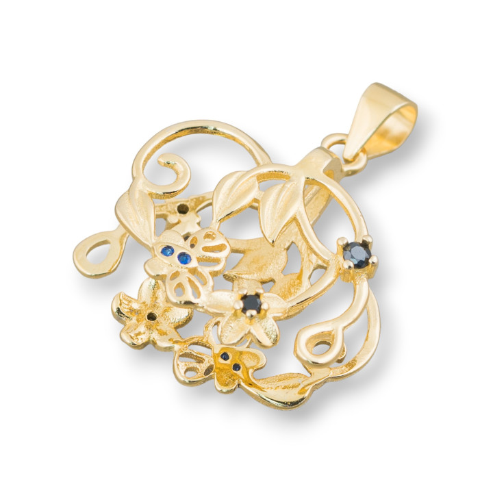 Hook for 925 Silver Pendant with Zircons Flowers and Butterflies 22x25mm 2pcs Golden Black