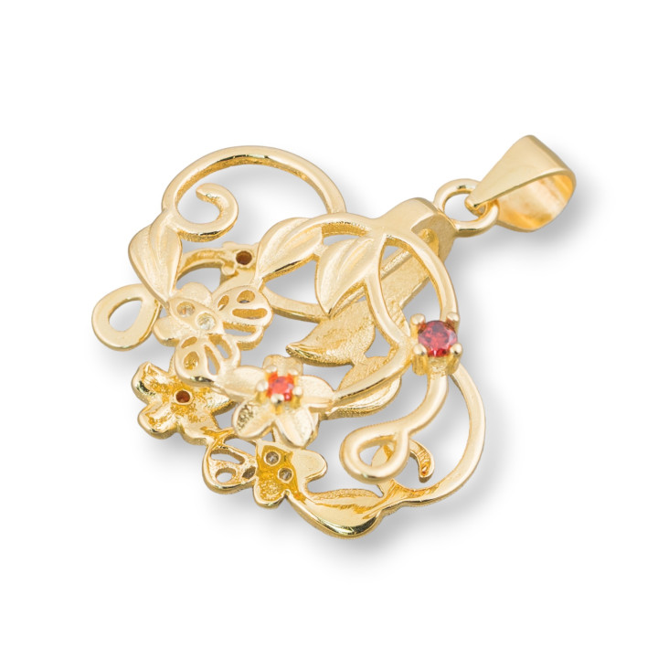 Gancio Per Pendente Di Argento 925 Con Zirconi Fiori E Farfalle 22x25mm 2pz Dorato Rosso