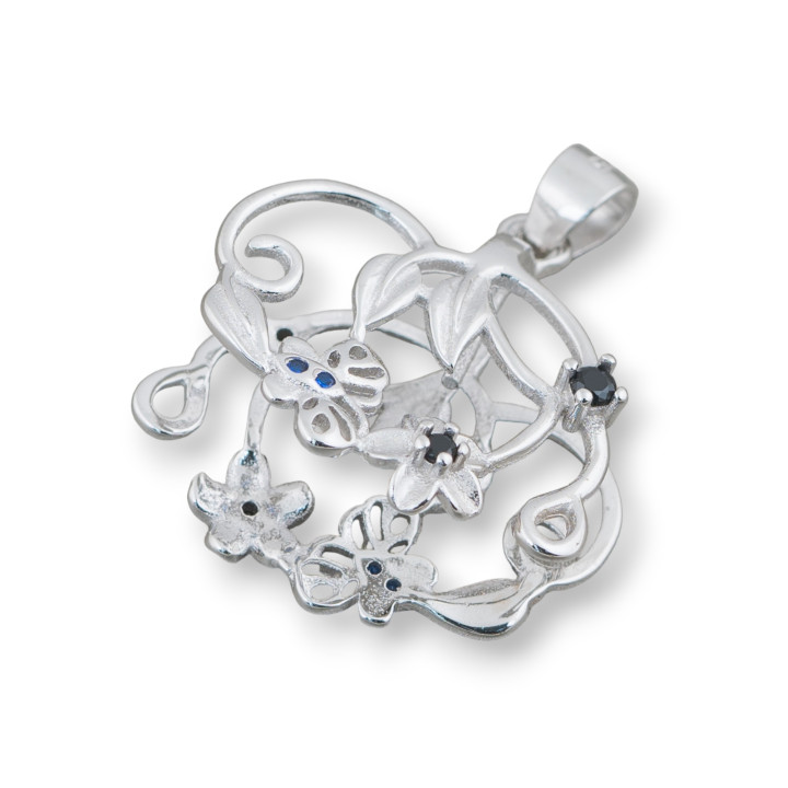 Hook for 925 Silver Pendant with Zircons Flowers and Butterflies 22x25mm 2pcs Black Rhodium Plated