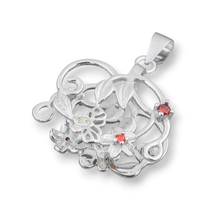 Crochet Pour Pendentif En Argent 925 Avec Zircons Fleurs Et Papillons 22x25mm 2pcs Rhodium Rouge