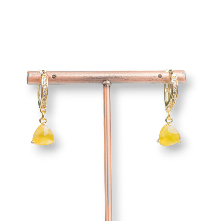 Aros Cerrados Bronce Con Circonitas Y Colgante Triangulo Ojo De Gato 9x26mm Amarillo
