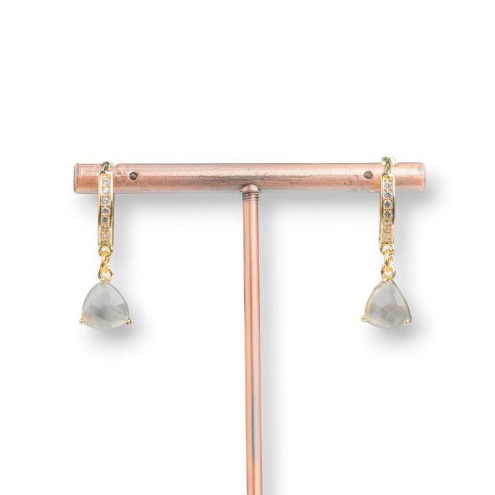 Orecchini A Cerchio Chiuso Di Bronzo Con Zirconi E Pendente Triangolo In Occhio Di Gatto 9x26mm Dorato Grigio