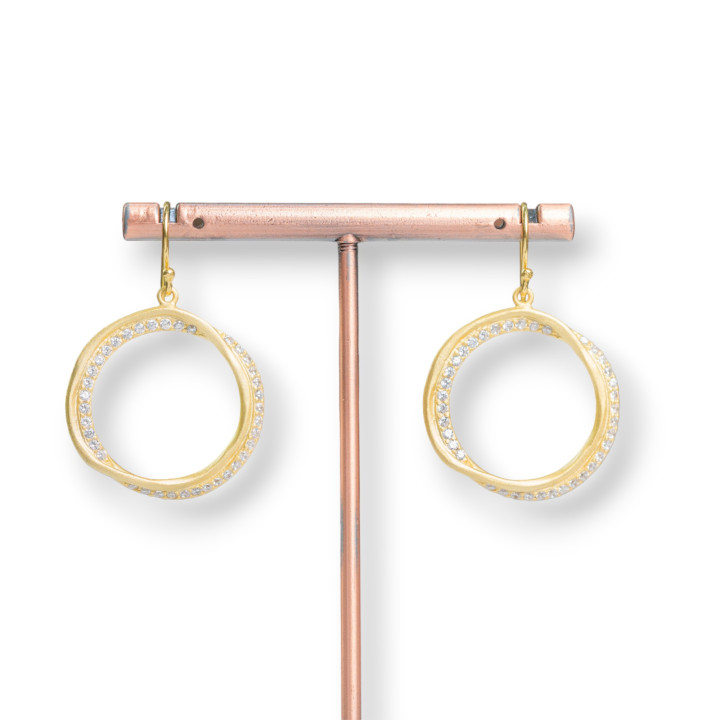 Boucles d'Oreilles Crochet Argent 925 Cercle Perforé Zircon Doré 27x39mm