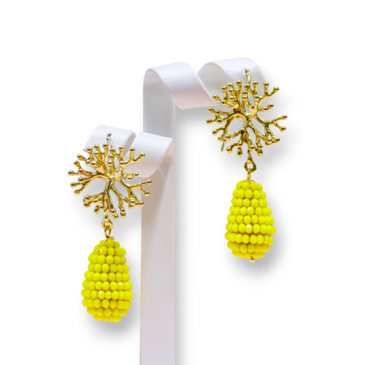 Boucles d'oreilles à crochet en bronze de brindilles de corail avec des gouttes de cristaux de mûre jaune