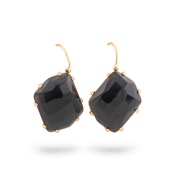 Bronze Hakenohrringe mit Katzenauge Cabochon 21x39mm Schwarz
