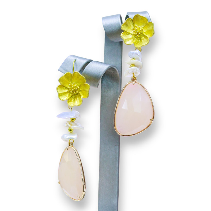 Boucles d'oreilles crochet en bronze avec perles de rivière et cabochons en pierre dure sertie pêche