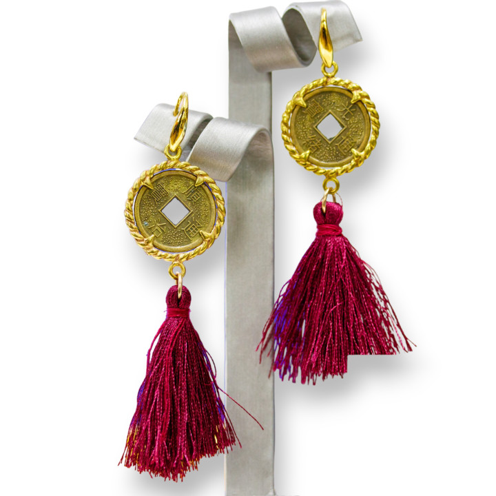 Brass Hook Earrings With Ancient Coins And Red Tassels