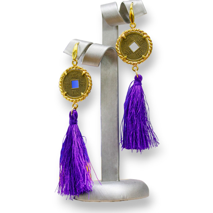 Brass Hook Earrings With Ancient Coins And Purple Tassels