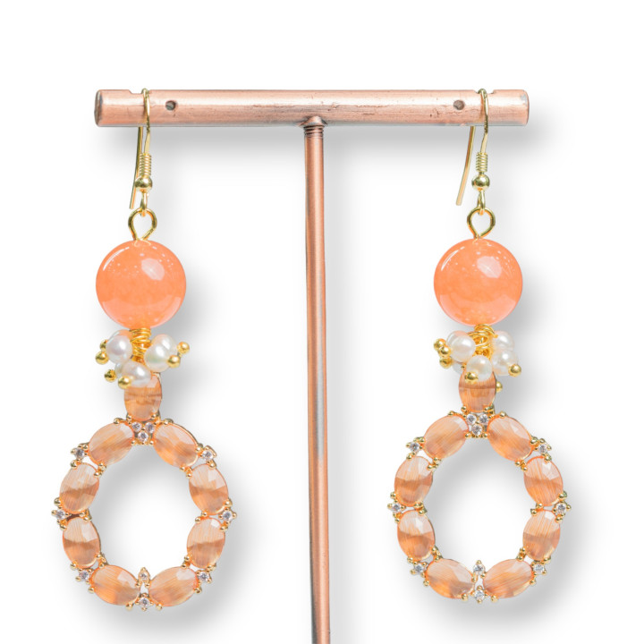 Orecchini A Monachella Di Argento 925 Con Pietre E Perle Con Pendente in Occhio Di Gatto 24x70mm Arancio