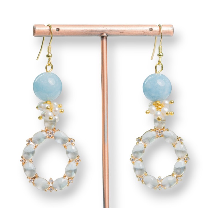 Orecchini A Monachella Di Argento 925 Con Pietre E Perle Con Pendente in Occhio Di Gatto 24x70mm Bianco