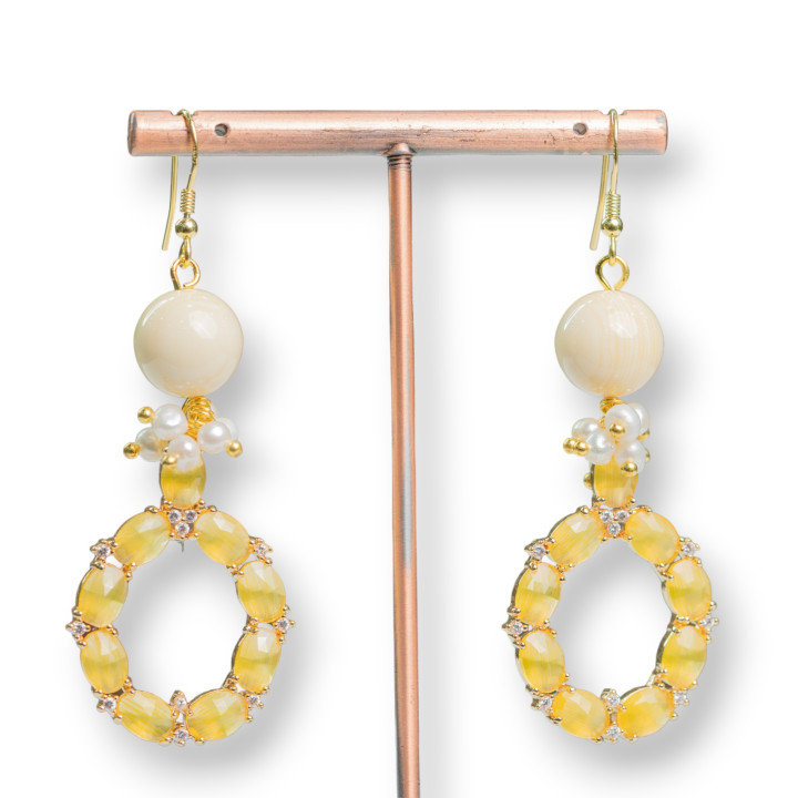 925 Silver Hook Earrings With Stones And Pearls With Cat's Eye Pendant 24x70mm Yellow