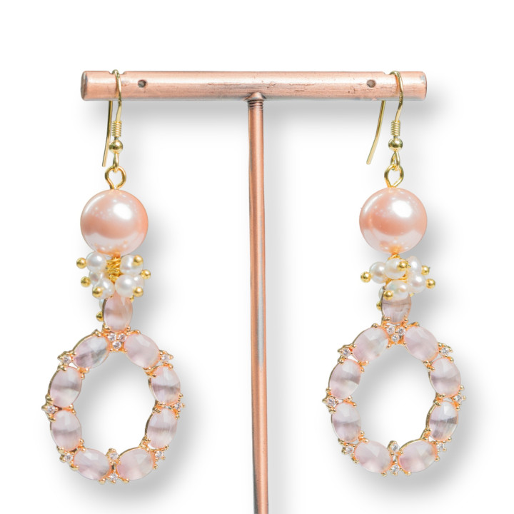 Boucles d'oreilles crochet en argent 925 avec pierres et perles avec pendentif oeil de chat 24x70 mm Rose