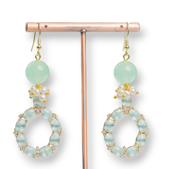 Orecchini A Monachella Di Argento 925 Con Pietre E Perle Con Pendente in Occhio Di Gatto 24x70mm Verde Acqua