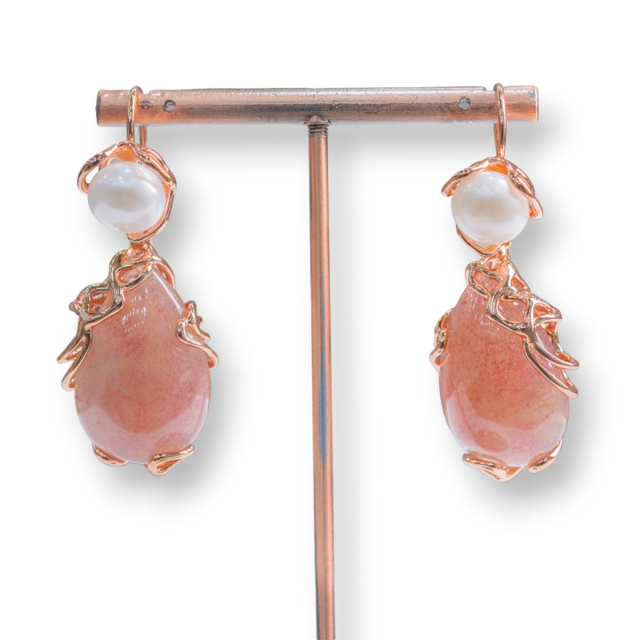 Orecchini A Monachella Di Bronzo Con Perle Di Fiume E Pendente Cabochon 24x52mm Oro Rosa Quarzo Fragola