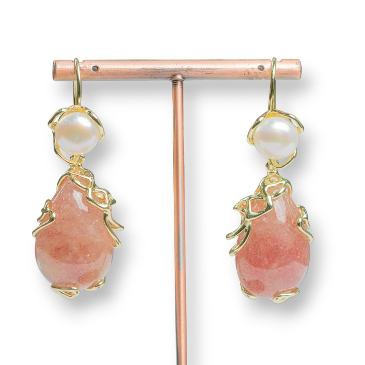 Boucles D'oreilles Crochet En Bronze Avec Perles De Rivière Et Pendentif Cabochon Quartz Fraise 24x52mm