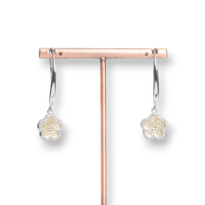 Long Lever Earrings Of 925 Silver With Flower Pendant And Zircons 21x38mm