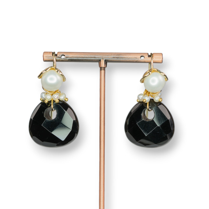 Hakenohrringe aus Bronze mit Flussperlen und 25 x 50 mm Onyx-Hartstein-Anhänger