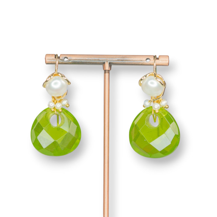 Orecchini A Monachella Di Bronzo Con Perle Di Fiume E Pendente In Pietra Dura 25x50mm Peridot