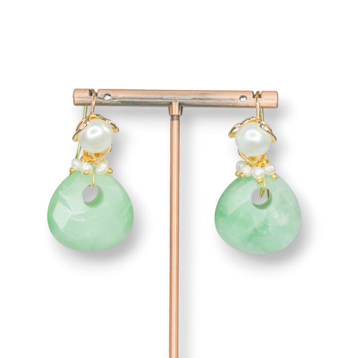 Orecchini A Monachella Di Bronzo Con Perle Di Fiume E Pendente In Pietra Dura 25x50mm Verde