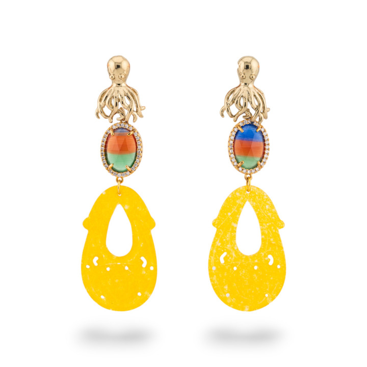 Bronze Octopus Stud Earrings With Cat's Eye And Yellow Burma Jade