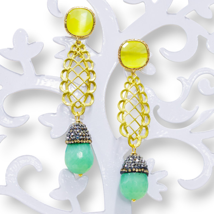 Boucles D'oreilles Tiges Cabochon Oeil De Chat En Bronze Serties De Strass Jade Et Marcassite Jaune