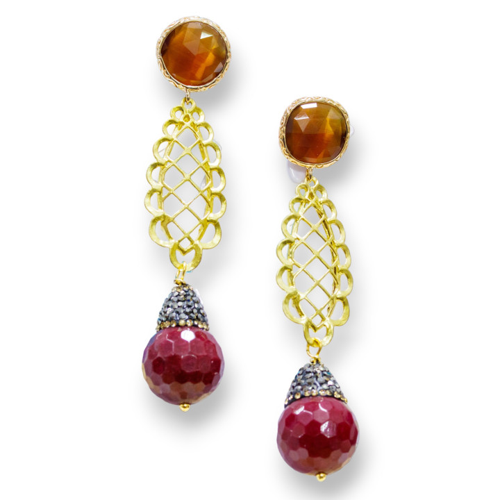 Boucles D'oreilles Tiges Cabochon Oeil De Chat En Bronze Serties De Strass De Jade Marron Et De Marcassites