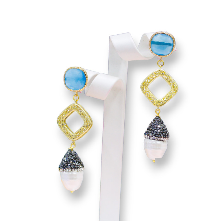 Pendientes Bronce Con Cabujones Ojo De Gato Engastado Marcasita Strass Y Perlas De Mallorca MOD2