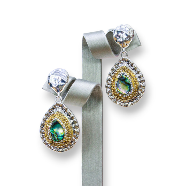 Pendientes Bolitas De Bronce Con Strass De Marcasita Y Gota De Abulón