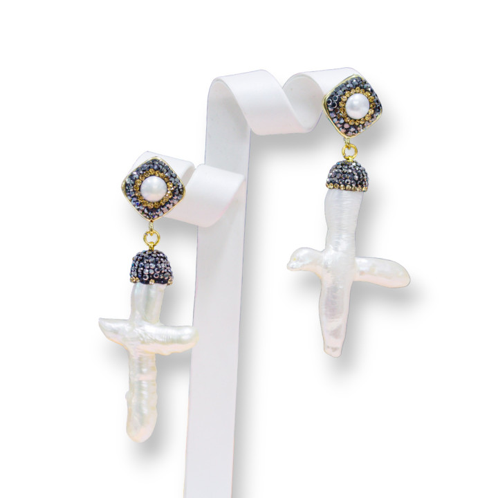 Bronze-Ohrstecker mit Markasit-Strass und Cross River-Perlen mit Cup