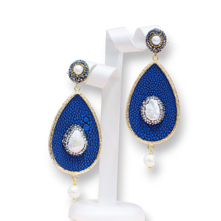 Aretes de Bronce con Strass de Marcasita y Polipiel con Perlas de Río Azul