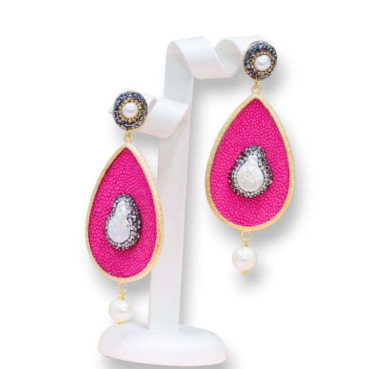 Orecchini A Perno Di Bronzo Con Marcasite Strass E SimilPelle Con Perle Di Fiume Fucsia