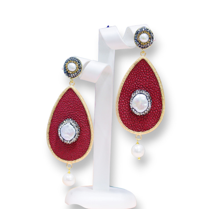 Orecchini A Perno Di Bronzo Con Marcasite Strass E SimilPelle Con Perle Di Fiume Rosso