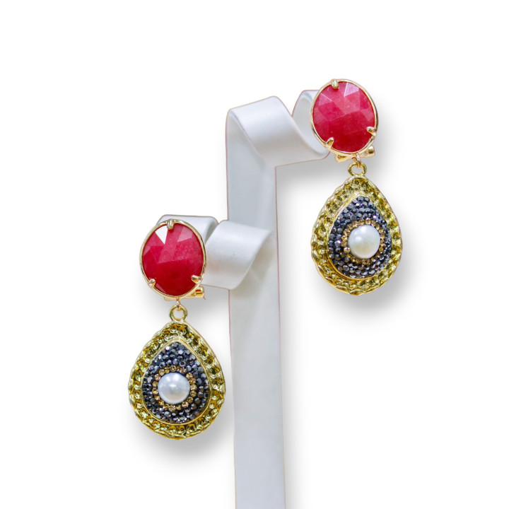 Orecchini A Perno Chiuso Di Bronzo Con Marcasite Strass E Giada Goccia Bianco E Scuro