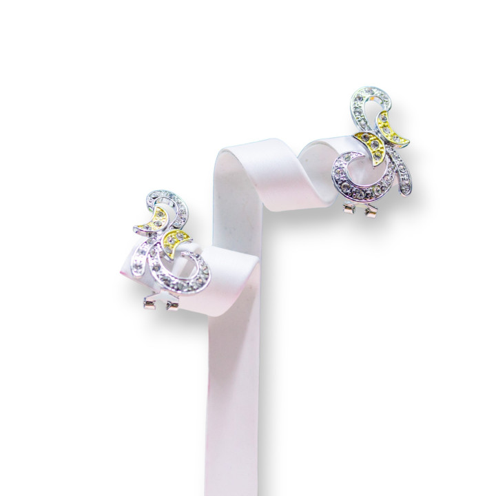 Bronze Closed Stud Earrings With Rhinestones 17x29mm Rhodium Plated