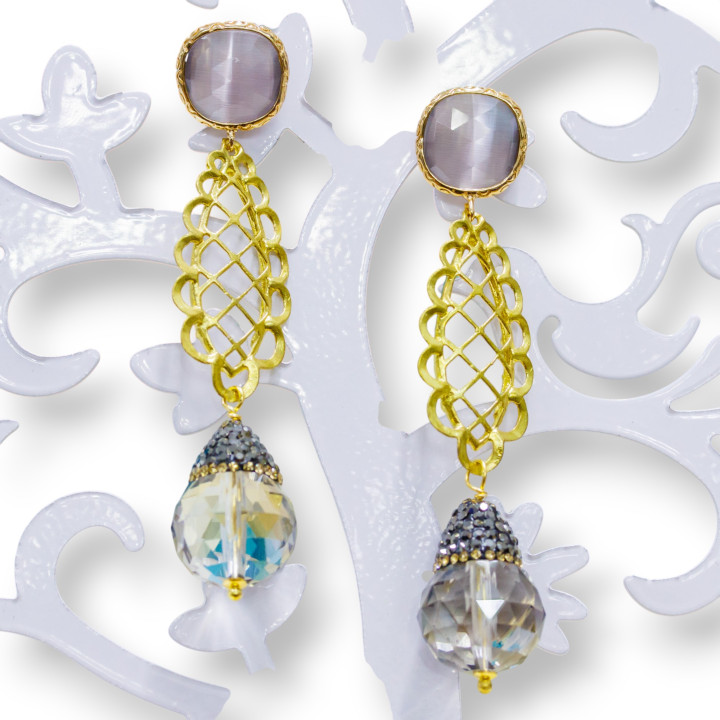 Aretes De Bronce Con Cabujón De Ojo De Gato Engastados Con Piedras De Jade Y Marcasita