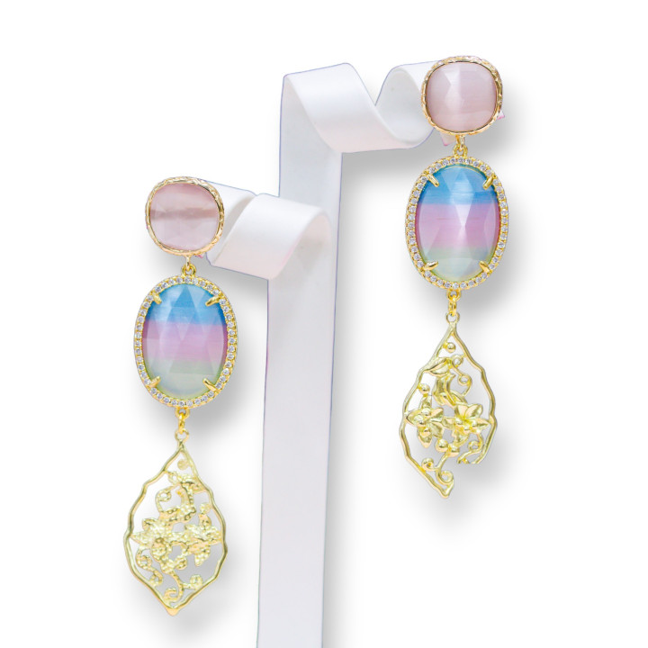 Χάλκινα καρφωτά σκουλαρίκια με Σετ Cat's Eye Cabochon και Μπρούτζινο φύλλο