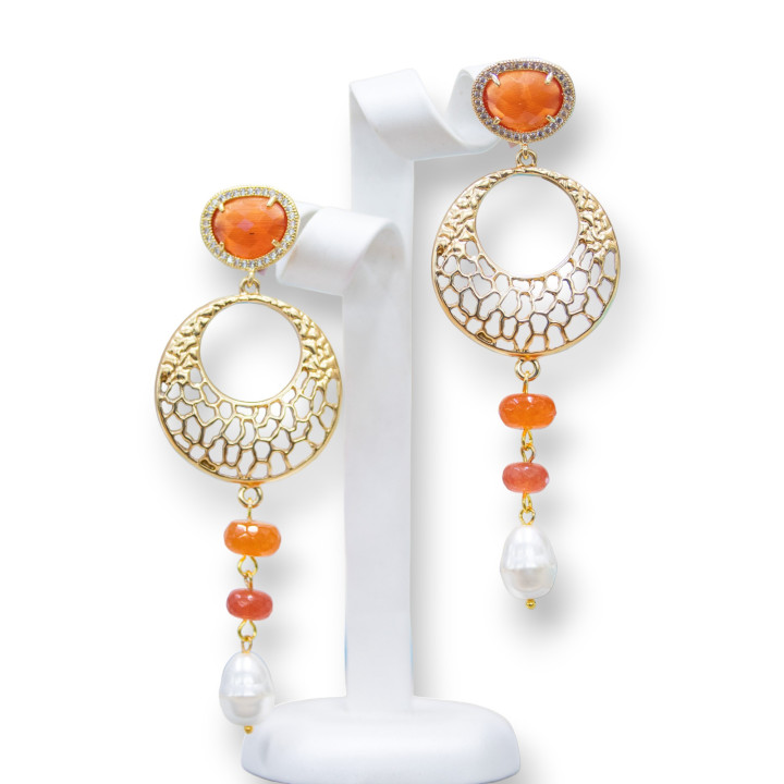 Pendientes Bolitas De Bronce Con Ojo De Gato Y Circonitas Con Zamak Y Piedras Duras Naranjas