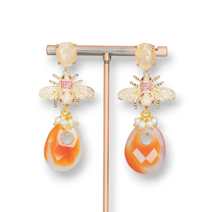 Bronze Stud Earrings With Cat's Eye And Bee Component With Zircons And Hard Stone Pendant 28x63mm Golden Carnelian