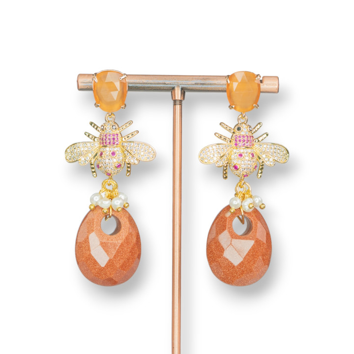 Aretes Ojo De Gato De Bronce Con Componente De Abeja Con Circonitas Y Colgante De Piedra Dura 28x63mm Piedra Arena Dorada