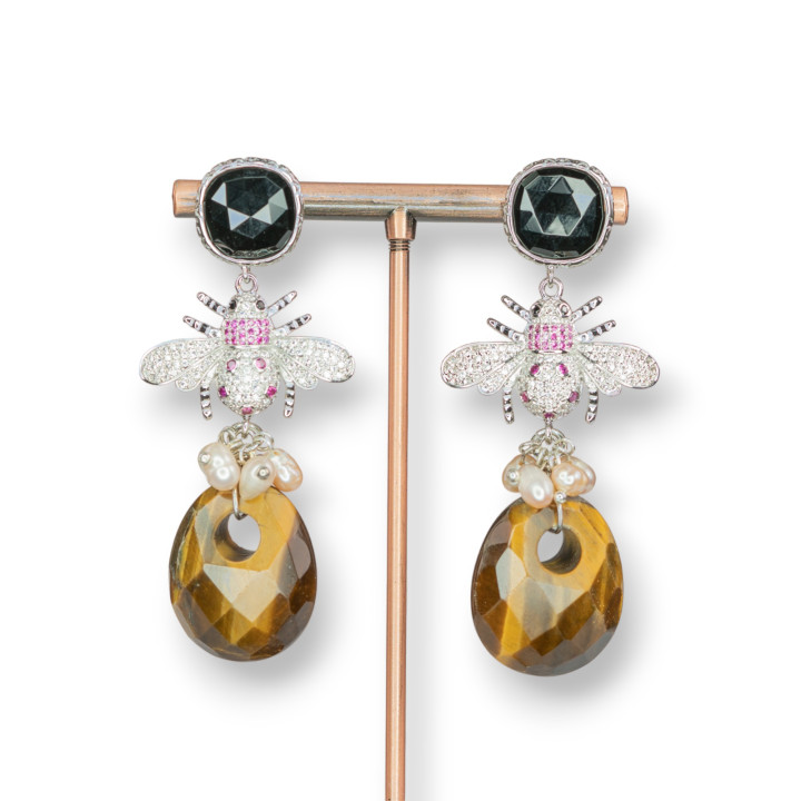 Bronze Stud Earrings With Cat's Eye And Bee Component With Zircons And Hard Stone Pendant 28x63mm Tiger's Eye