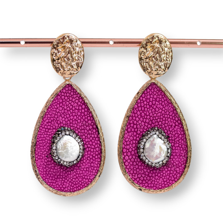 Bronze Stud Earrings With Fuchsia Pink Faux Leather And Marcasite Rhinestones And River Pearls 34x72mm