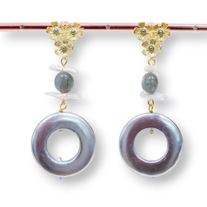 Orecchini A Perno Di Bronzo Con Pietre Dure Perle E Cerchietti Di Perle Di Maiorca Grigio
